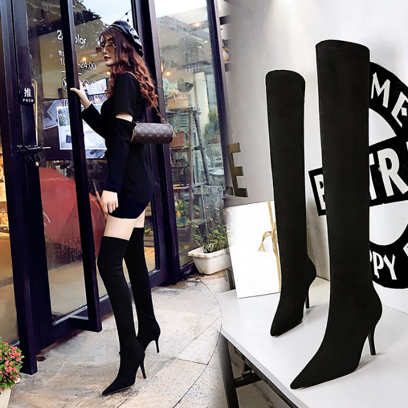 Women Fashion Over 40 - Pointed Toe Flock Sexy Over-the-Knee Boots