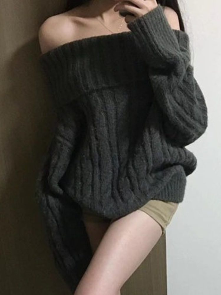 Women'S Fashion Designer Clothes - French Design Grey Off Shoulder Knitted
