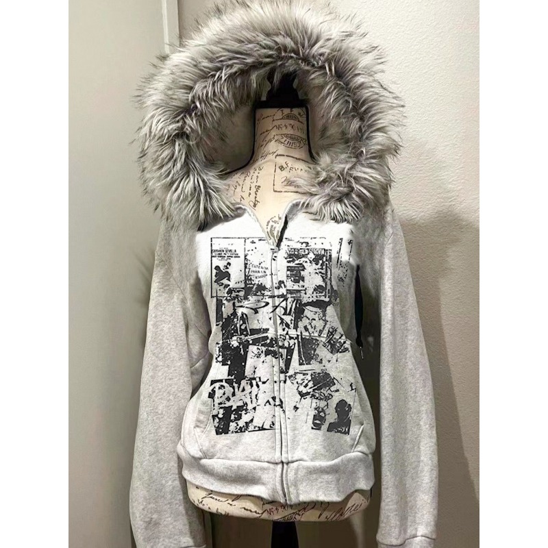 Grey Faux Fur Wool Double Zipp - Women'S Fashion Zip Hoodie review and price
