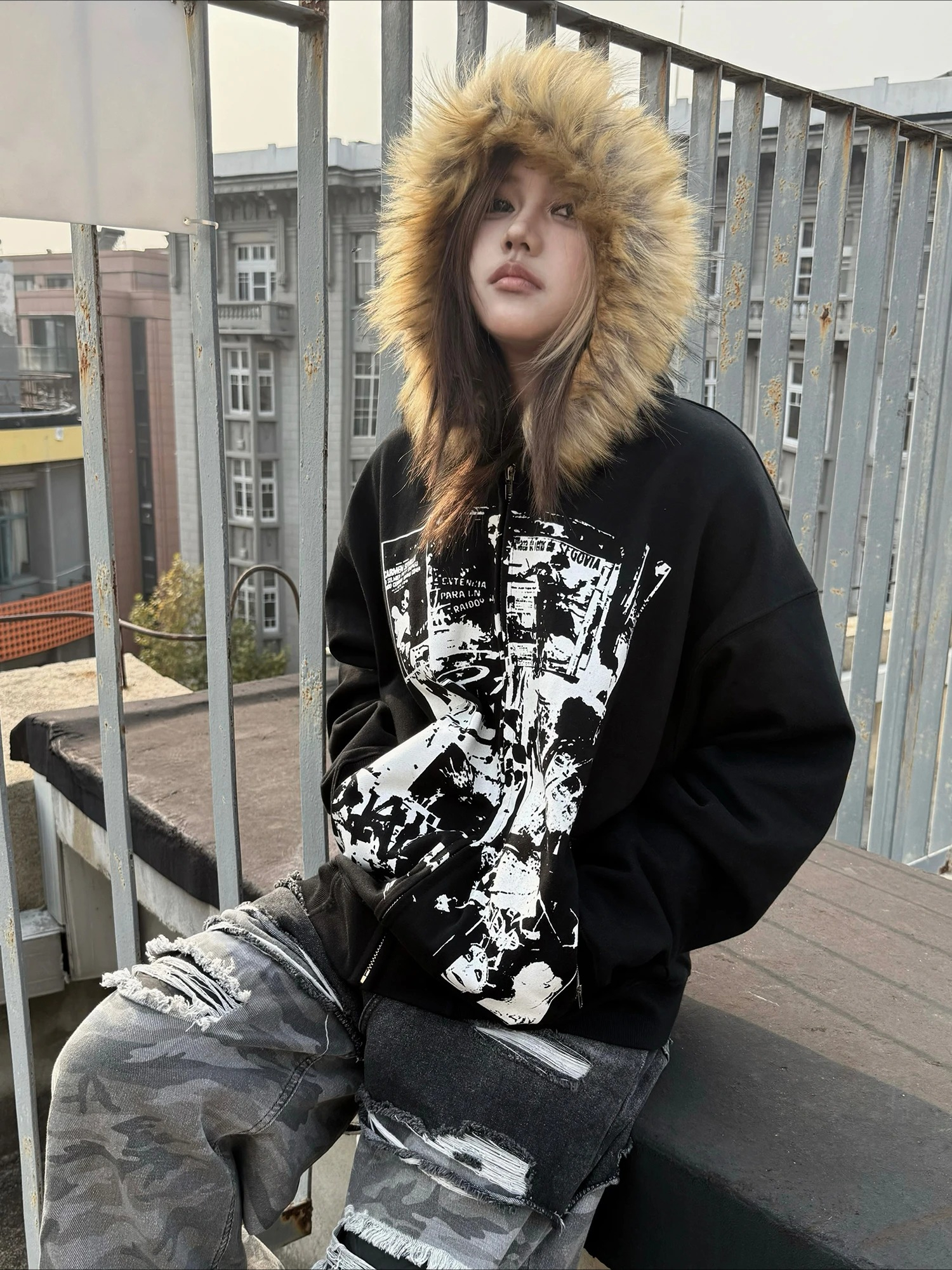 Grey Faux Fur Wool Double Zipp - Women'S Fashion Zip Hoodie review and price