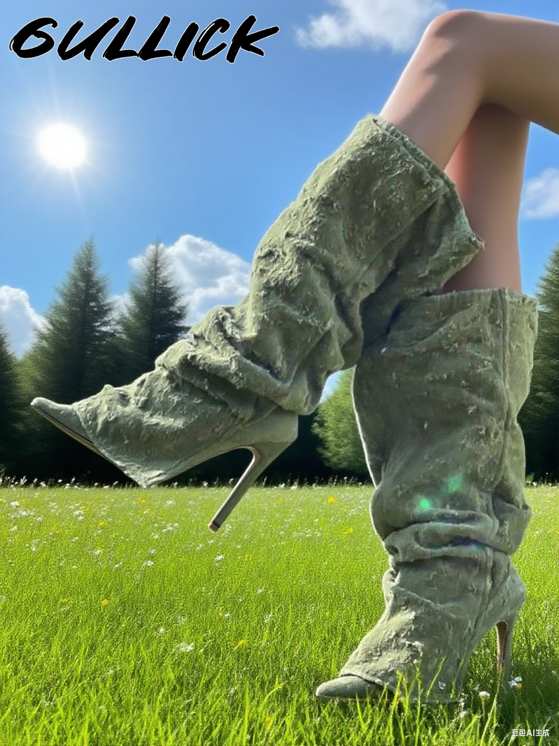 Green Pleated Boots Denim Poin - Women'S Fashion Winter 2025 review and price
