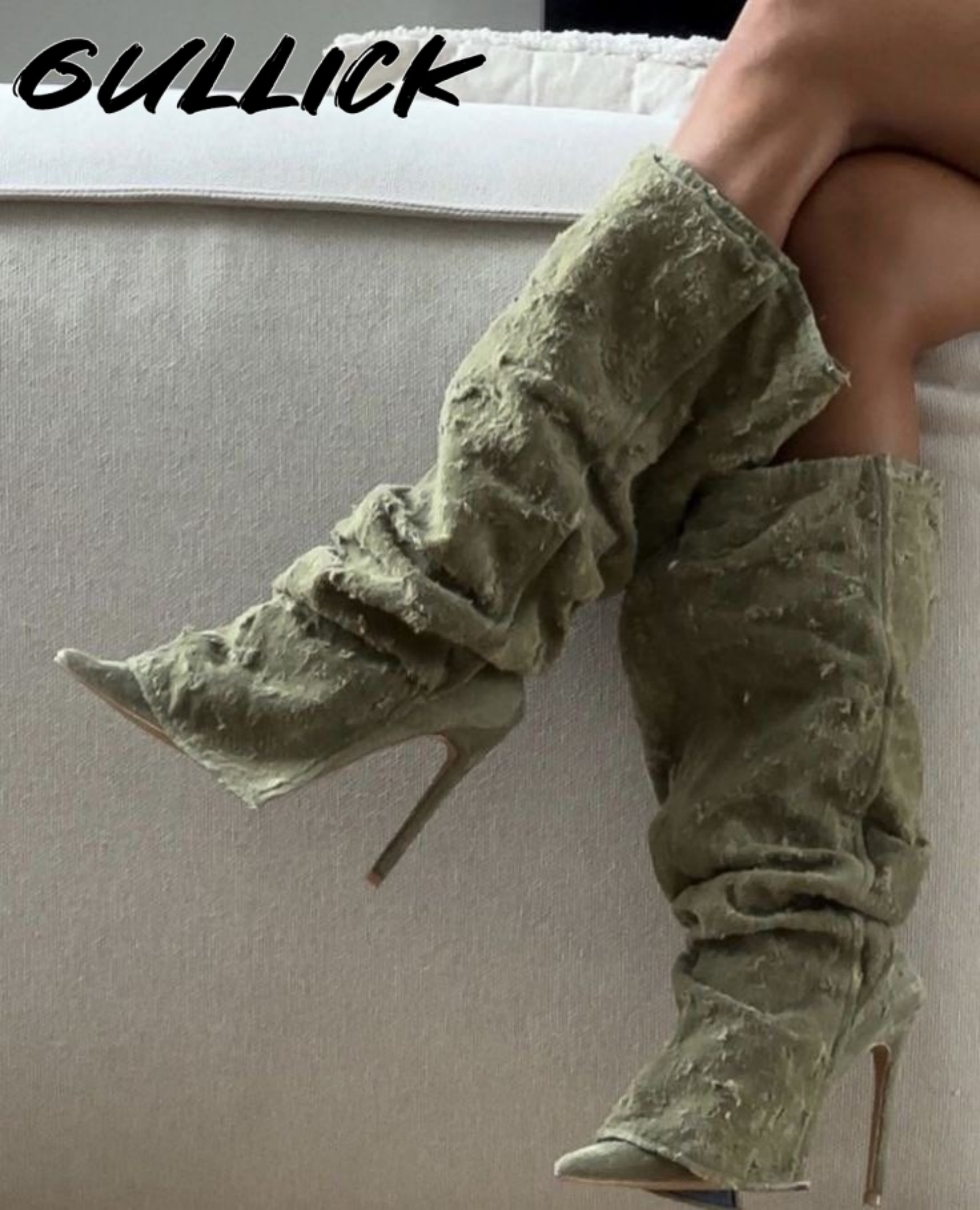 Green Pleated Boots Denim Poin - Women'S Fashion Winter 2025 review and price