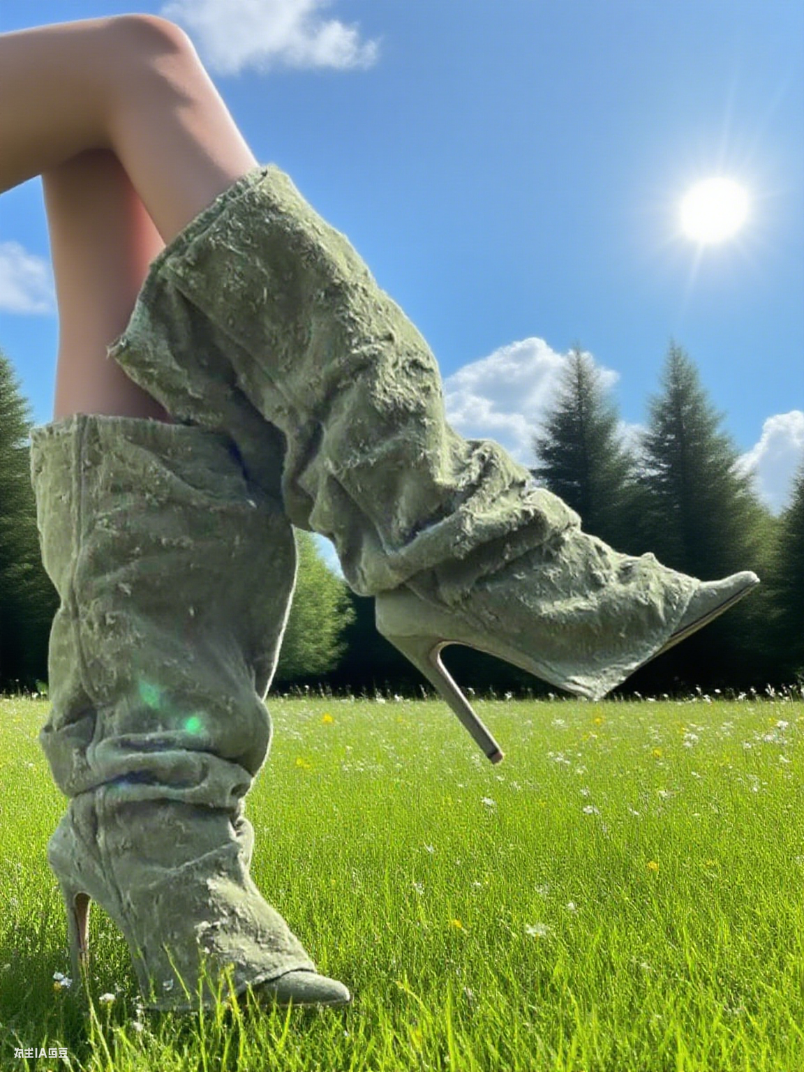 Green Pleated Boots Denim Poin - Women'S Fashion Winter 2025 review and price