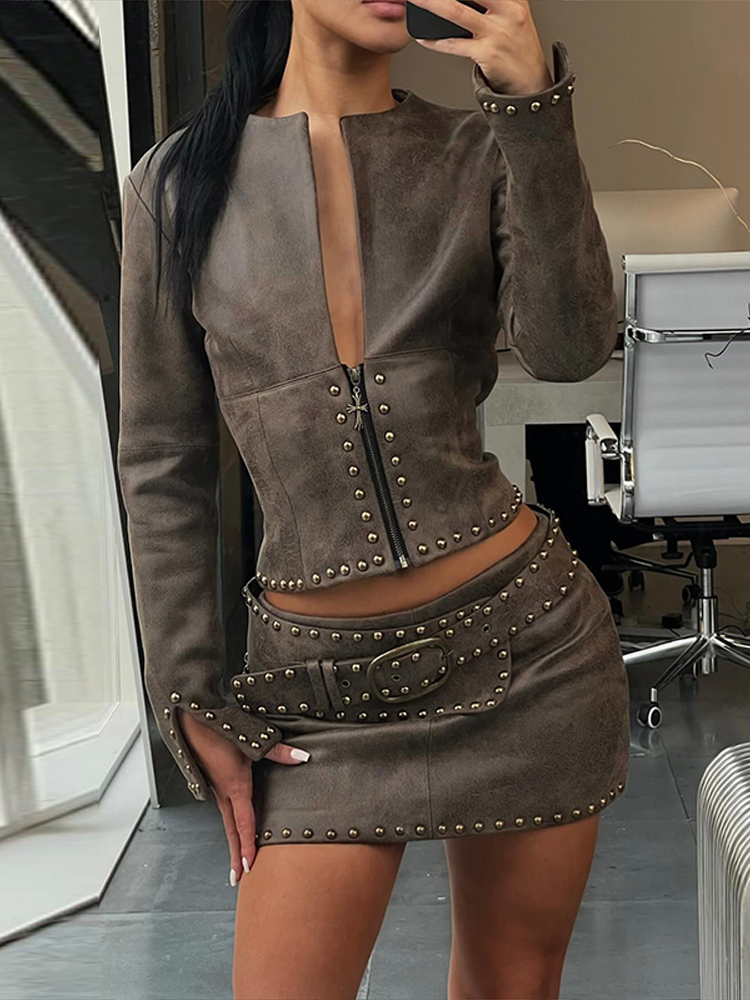 Y2k Leather Skirt Set Women Ri - Belted Shirt Dress review and price